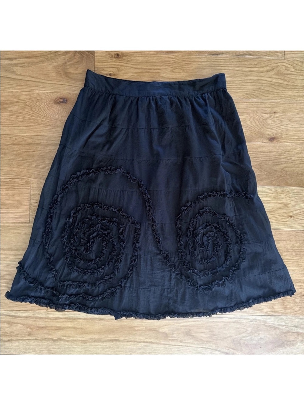 Studio West Black Cotton Voile Embellished Skirt Flat Front Elastic Back Size LG